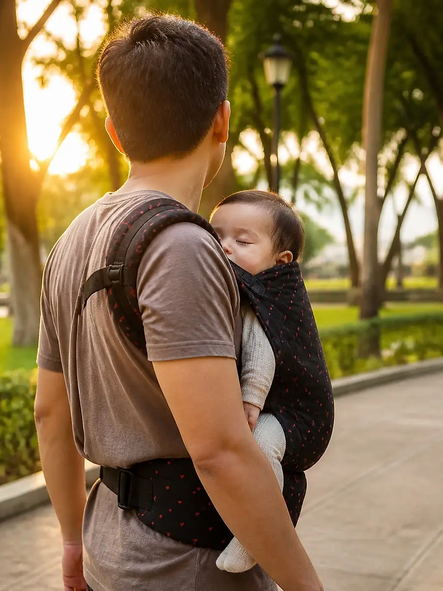 Papá porteando a su bebé dormido en un parque